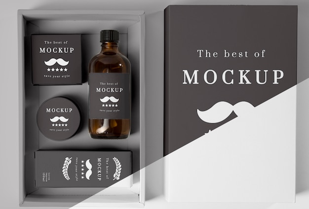 top view of barbershop products box with shampoo