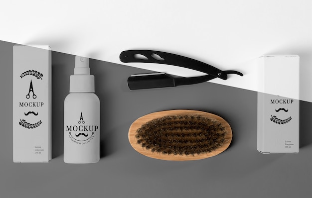 top view of barbershop products set with razor and brush