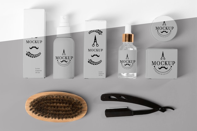 PSD top view of barbershop products set with serum and brush