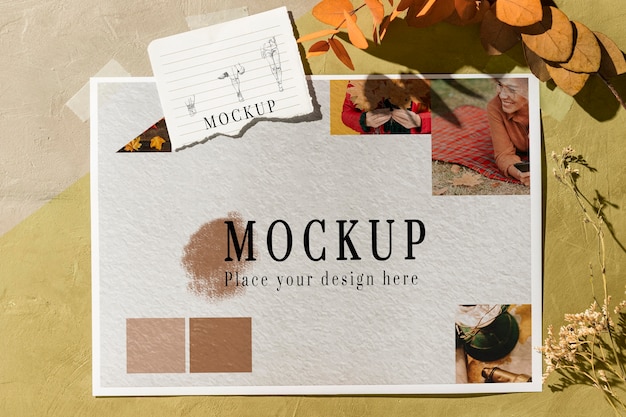 PSD vista dall'alto del bellissimo mock-up di moodboard autunnale