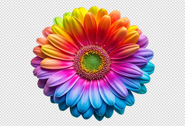 PSD top view of beautiful rainbow colored daisy flower png