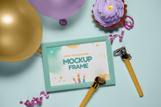 top view birthday frame and ornaments