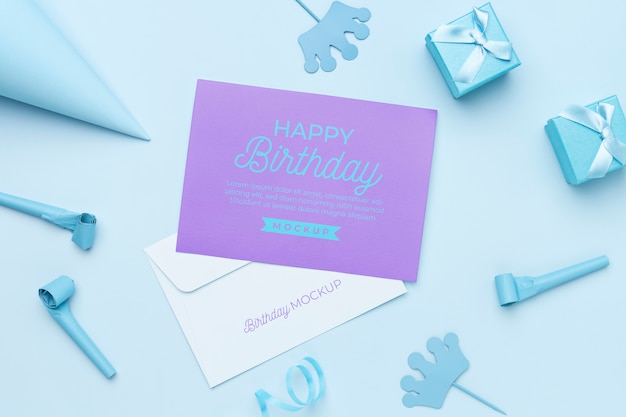 top view of birthday invitation mock-up with envelope