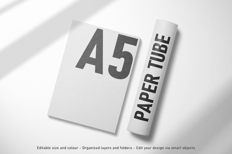 PSD top view blank editable a5 paper and paper tube mockup