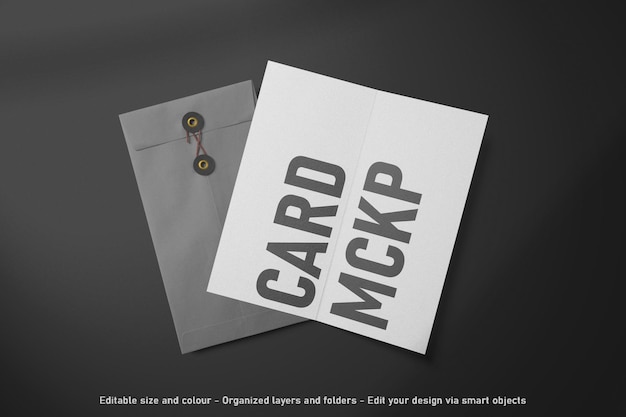 PSD top view blank editable card and envelope mockup scene