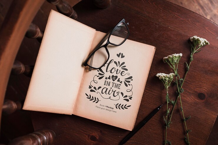 PSD top view of book with glasses and flowers in chair