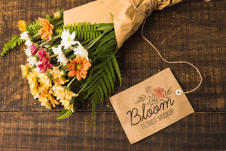  Top view bouquet of flowers with mock-up tag