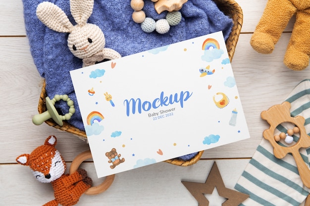 top view boy baby shower card mockup