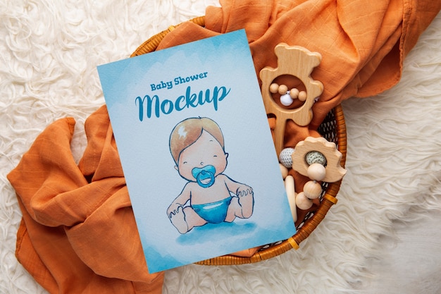 Top view boy baby shower card mockup