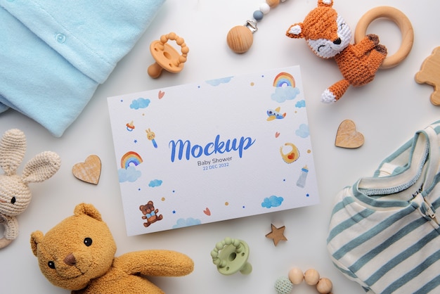 top view boy baby shower card mockup