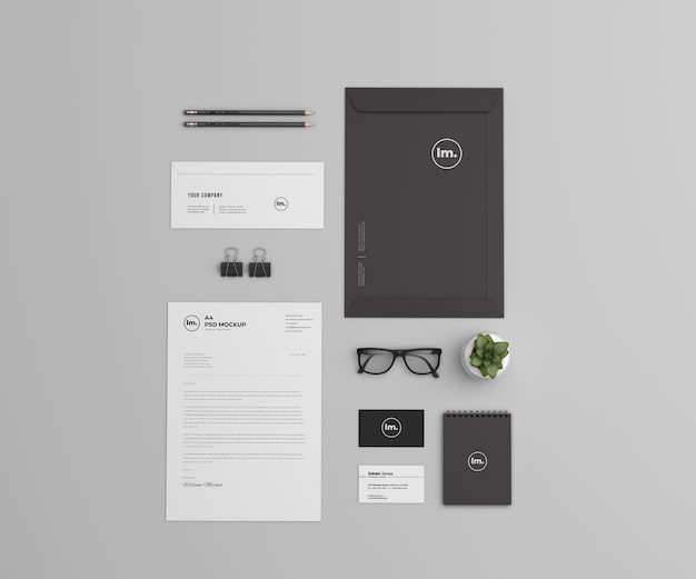 PSD top view branding e cancelleria mockup design isolato