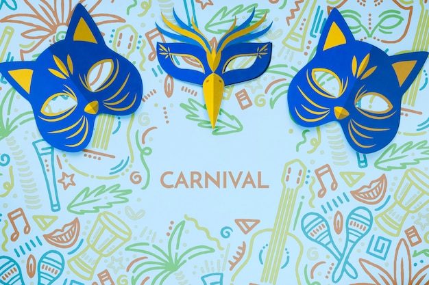 PSD top view of brazilian carnival cat masks