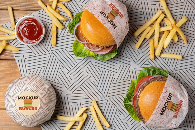 Top view burgers and fries arrangement