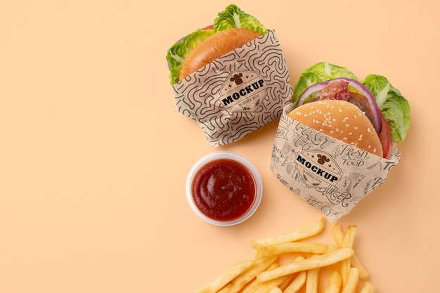 Top view burgers and sauce arrangement