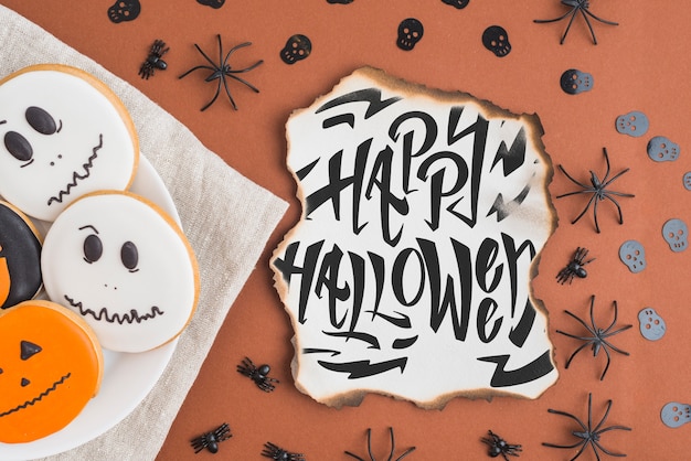 PSD top view burned paper mockup with halloween concept