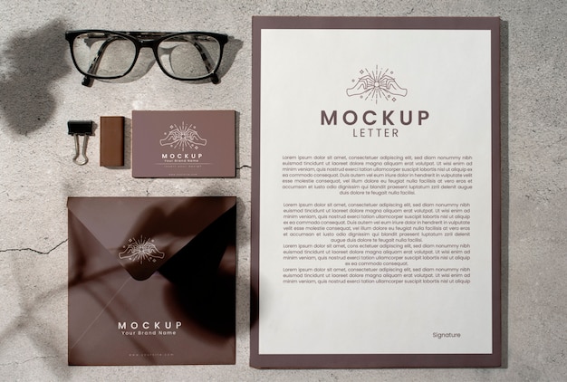 PSD top view on business card with glasses