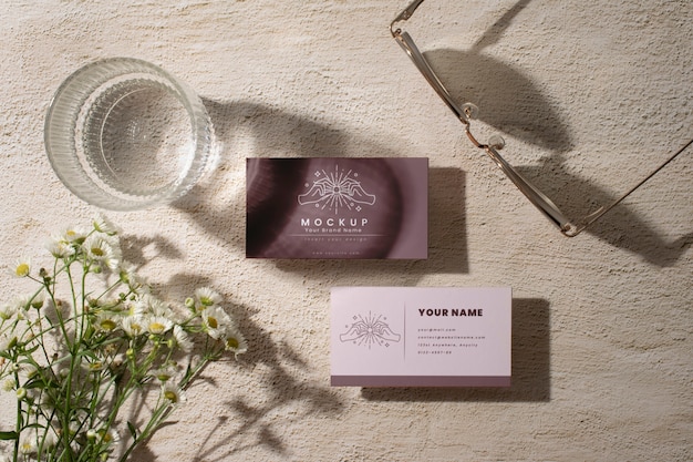 top view on business card with glasses