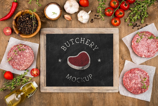 PSD top view butcher shop with burgers meat