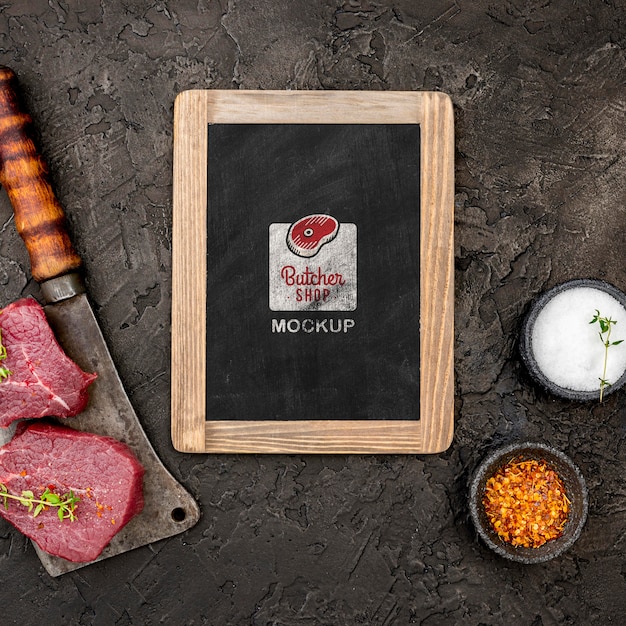 PSD top view butcher shop with raw meat