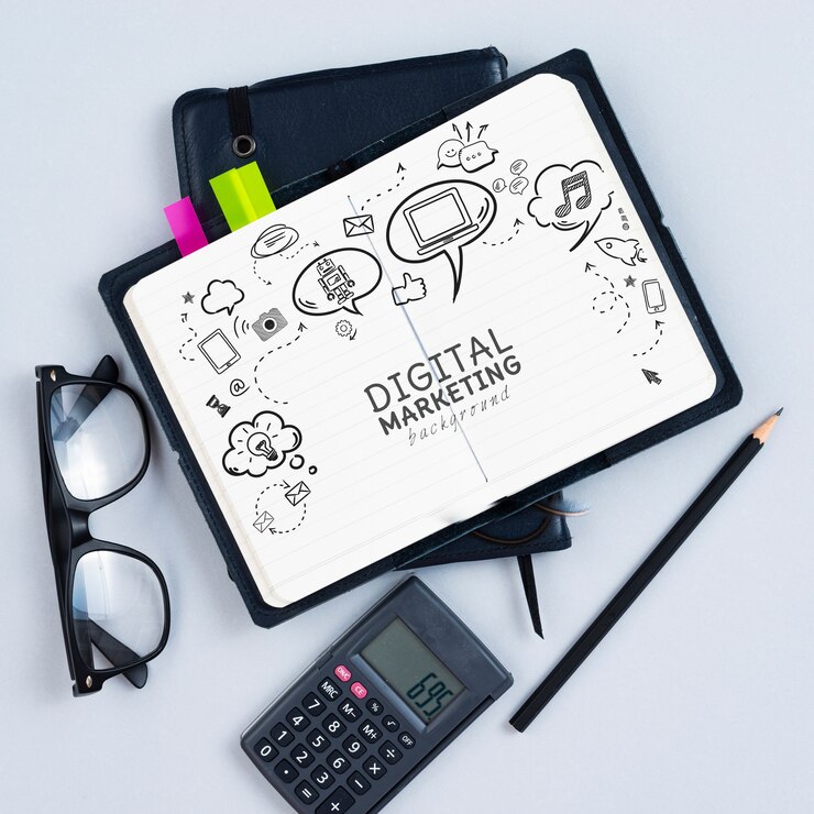 PSD top view of calculator and notebook
