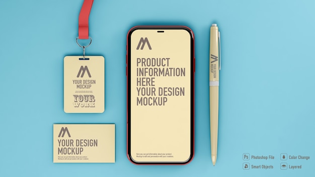 Vista dall'alto del mockup di carta, badge, smartphone e matita isolato