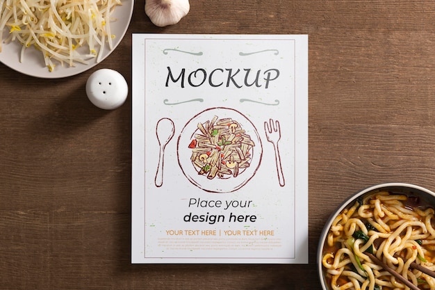 PSD top view of card with noodles and sprouts