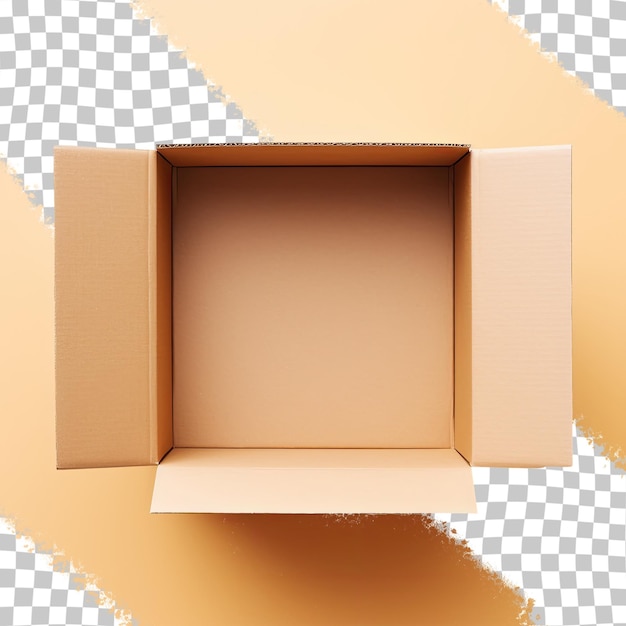 PSD vista dall'alto di una scatola di cartone aperta su uno sfondo trasparente