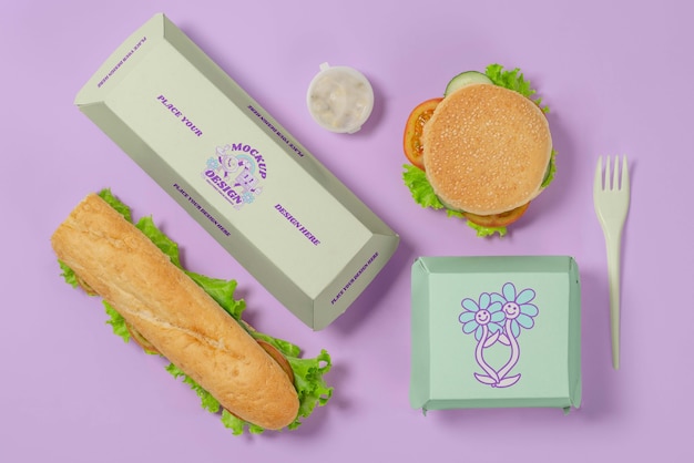 PSD top view of cardboard fast food packaging mock-up design