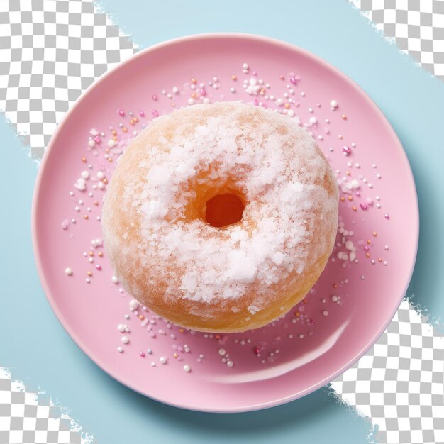 Top view of a ceramic plate holding a jelly donut dusted with powdered sugar transparent background