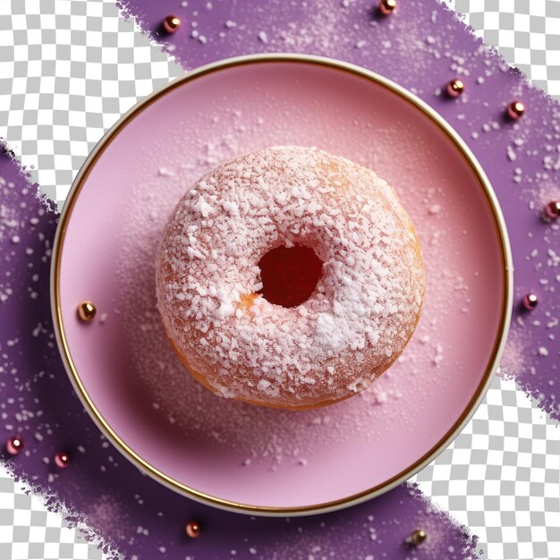 PSD top view of a ceramic plate holding a jelly donut dusted with powdered sugar transparent background