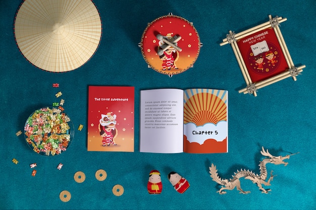 PSD top view chinese new year decoration and books