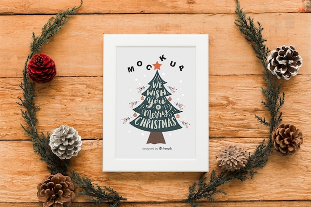 Top view christmas composition with frame mockup