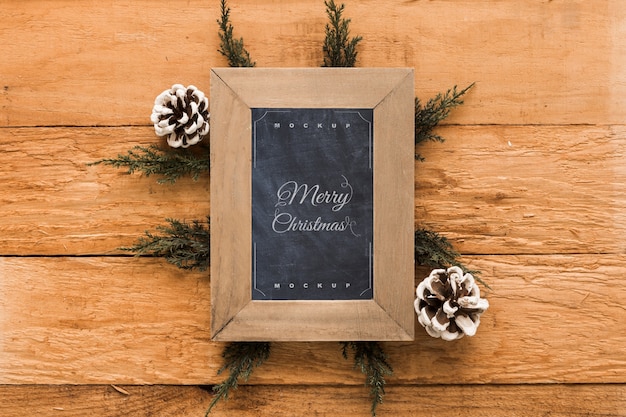 Top view christmas composition with slate mockup