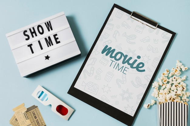 Top view cinema arrangement with clipboard mock-up