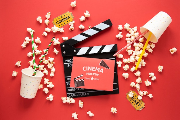 PSD top view cinema mockup with popcorn