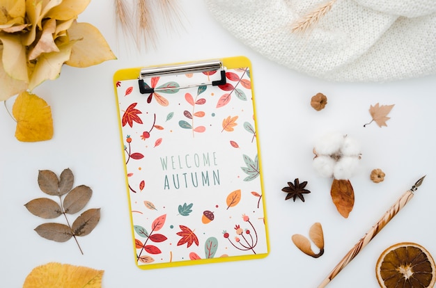 Top view clipboard mock-up with welcome autumn