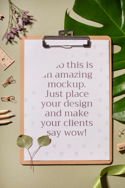 top view clipboard and plants