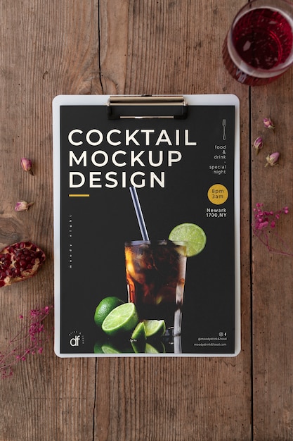 PSD top view over cocktail flyer mockup design