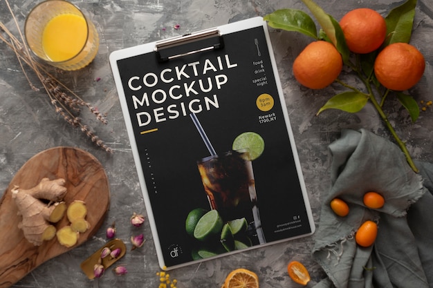 Vista dall'alto sul design del mockup del volantino per cocktail