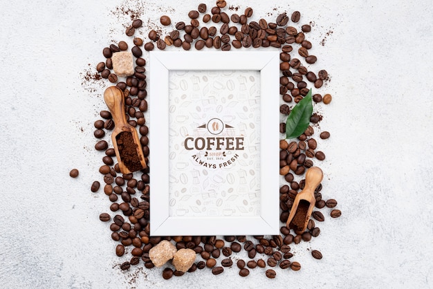 PSD top view coffee beans mockup