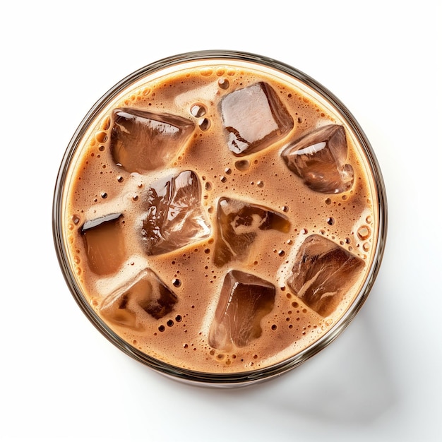 PSD top view of coffee latte cappuccino with ice in glass isolated