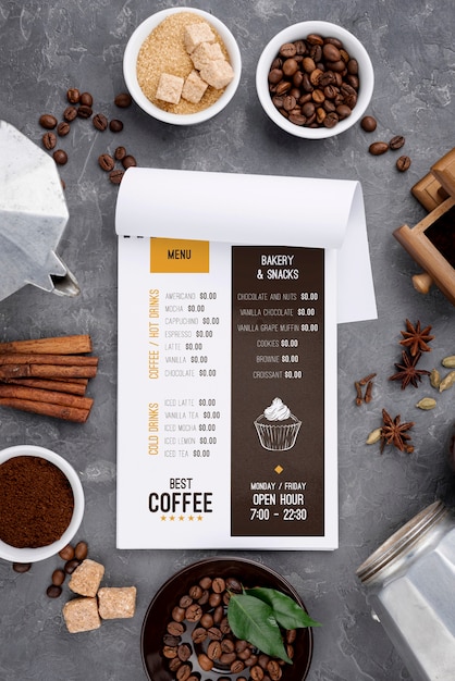 PSD mockup di menu caffè vista dall'alto