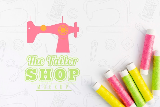 PSD top view collection of sewing thread with mock-up