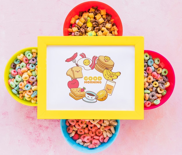 PSD top view of colorful cereals and frame on plain background