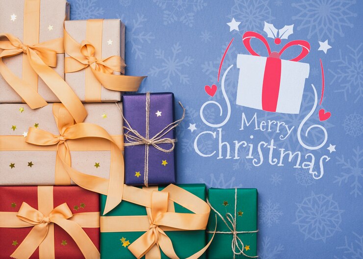 PSD カラフルなクリスマスギフトモックアップの平面図