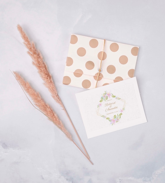 top view colorful wedding invitation