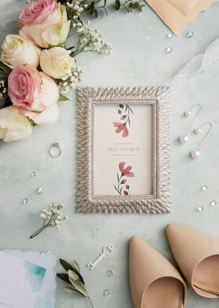 PSD top view composition of wedding elements with frame mock-up