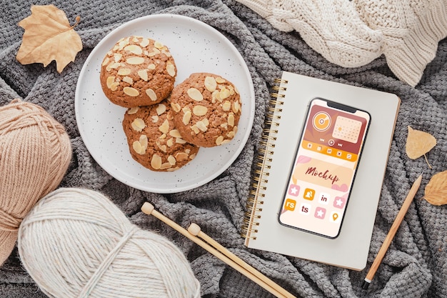 PSD top view cookies and phone arrangement