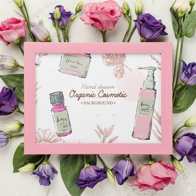 PSD top view cosmetics mockup with flowers