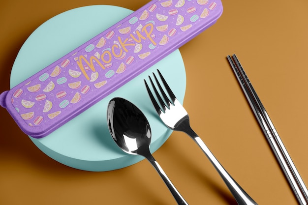 PSD top view on cutlery box mockup design